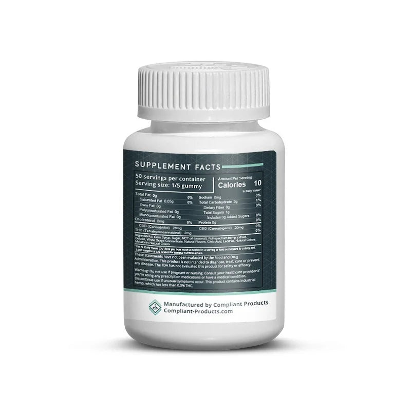 Compliant Products –Full Spectrum 10mg D9 THC – 10:1 CBD + THC Gummies – 10 Count Jar