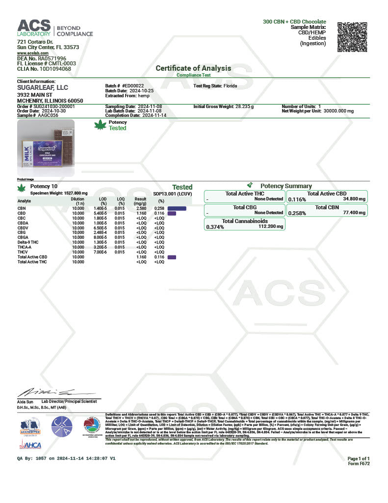 Sugarleaf 300 MG CBN/CBD Chocolate Bar | Milk Chocolate