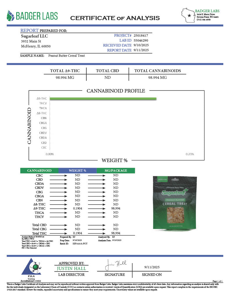 Sugarleaf 100 MG Delta 9 THC Cereal Crisp Treat Peanut Butter Flavor
