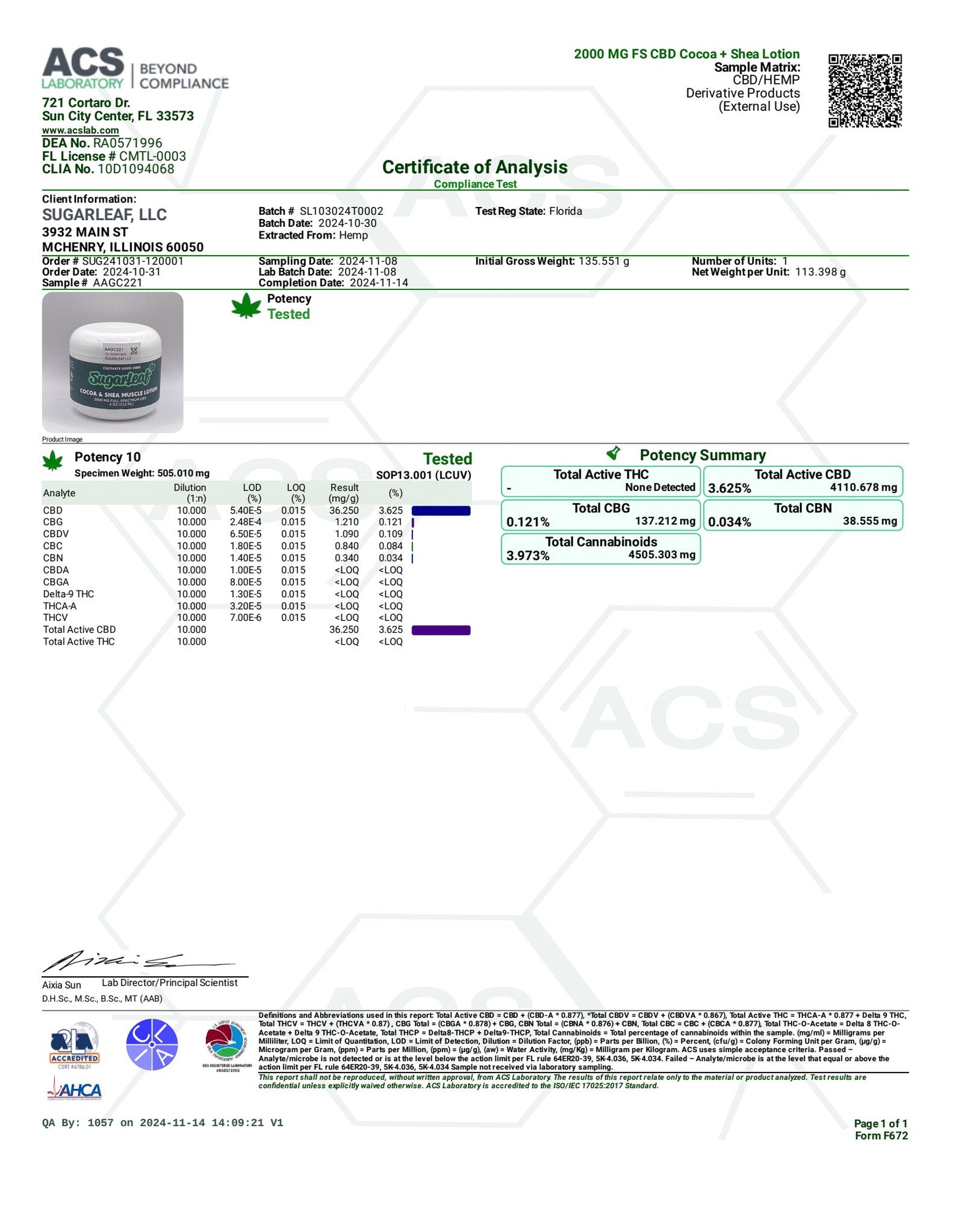 Sugarleaf 2000mg CBD + Cocoa + Shea Lotion 4 ounces