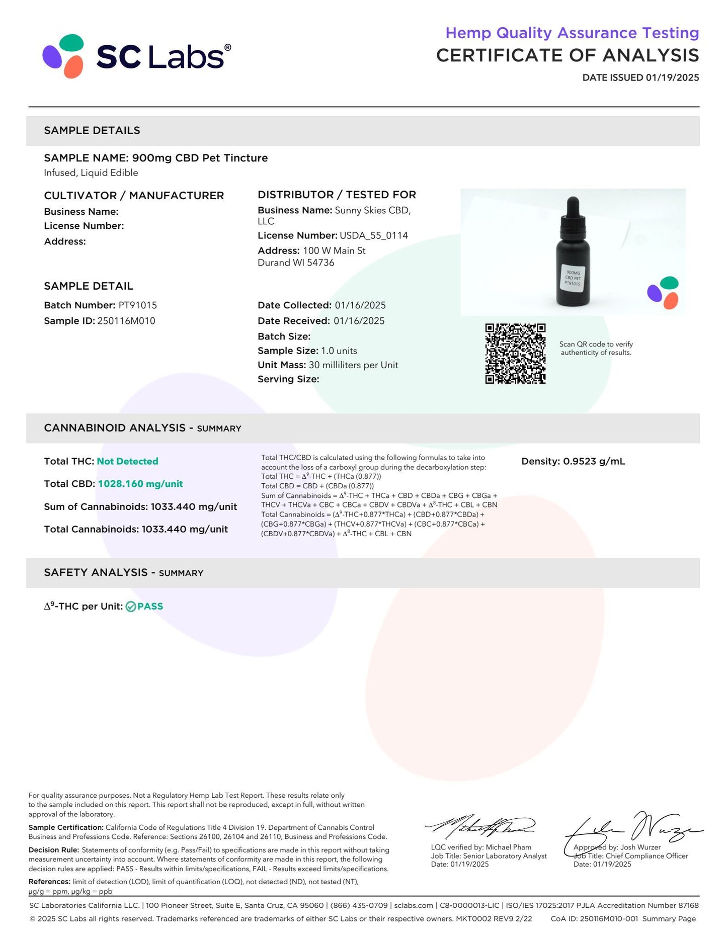 Sunny Skies CBD Isolate Pet Tincture 900mg with Bone Broth Collagen 30ml