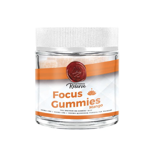 Partnered Reserve Focus Gummies Full Spectrum Gummies CBD 450mg CBG 450mg Mushroom Powder 1500mg Per Package 30ct Mango