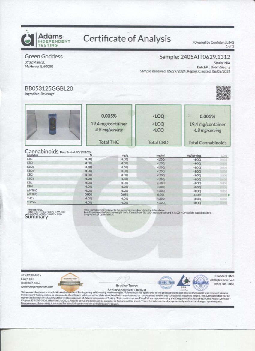 Green Goddess Infused Delta 9 Sparkling Beverage 4pk Blueberry Lemonade 20mg