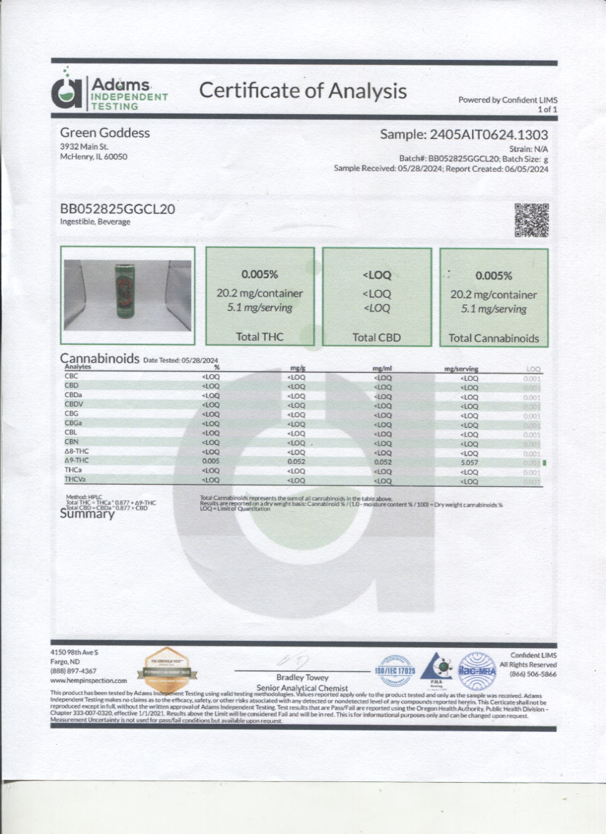 Green Goddess Cannabis Infused Delta 9 Sparkling Beverage 4pk Cherry Limeade