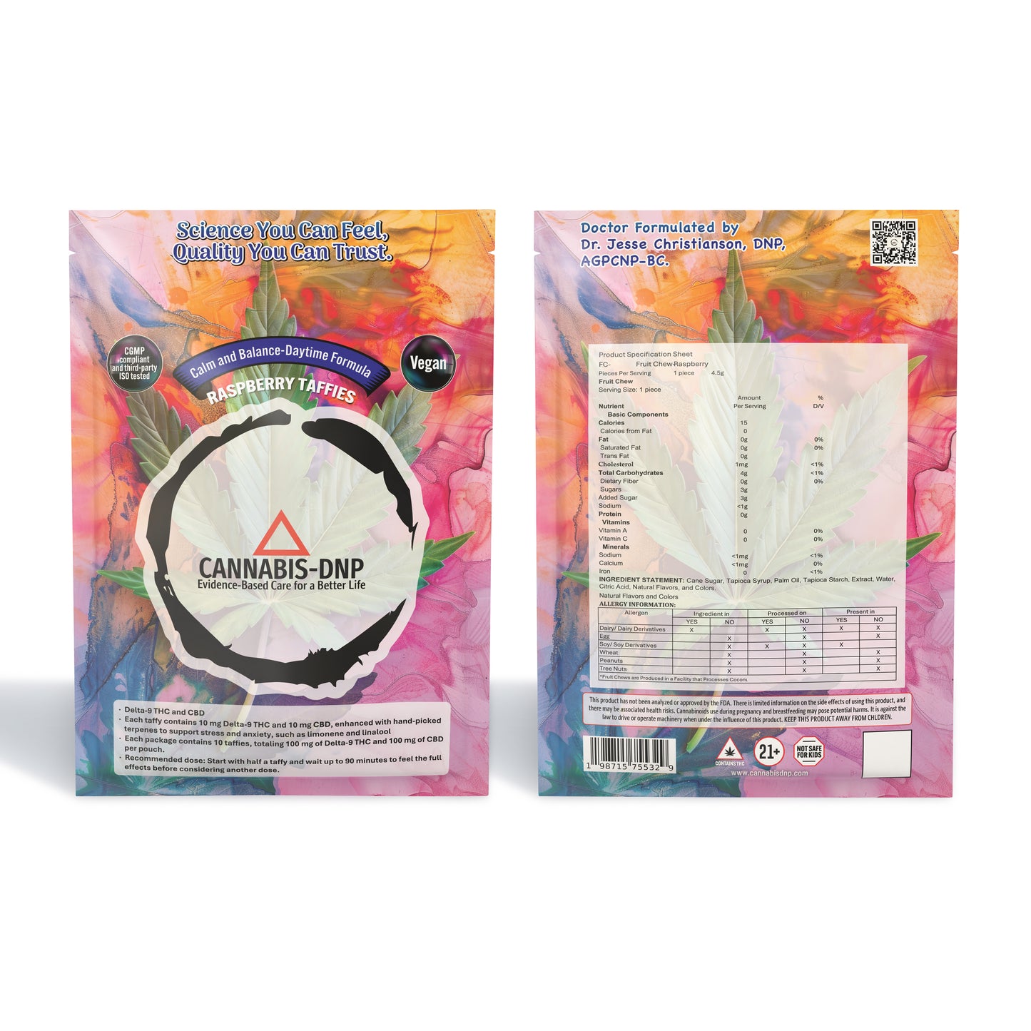 Cannabis DNP Delta 9 THC 10mg CBD 10mg Taffy 10 pack Daytime Raspberry Flavor