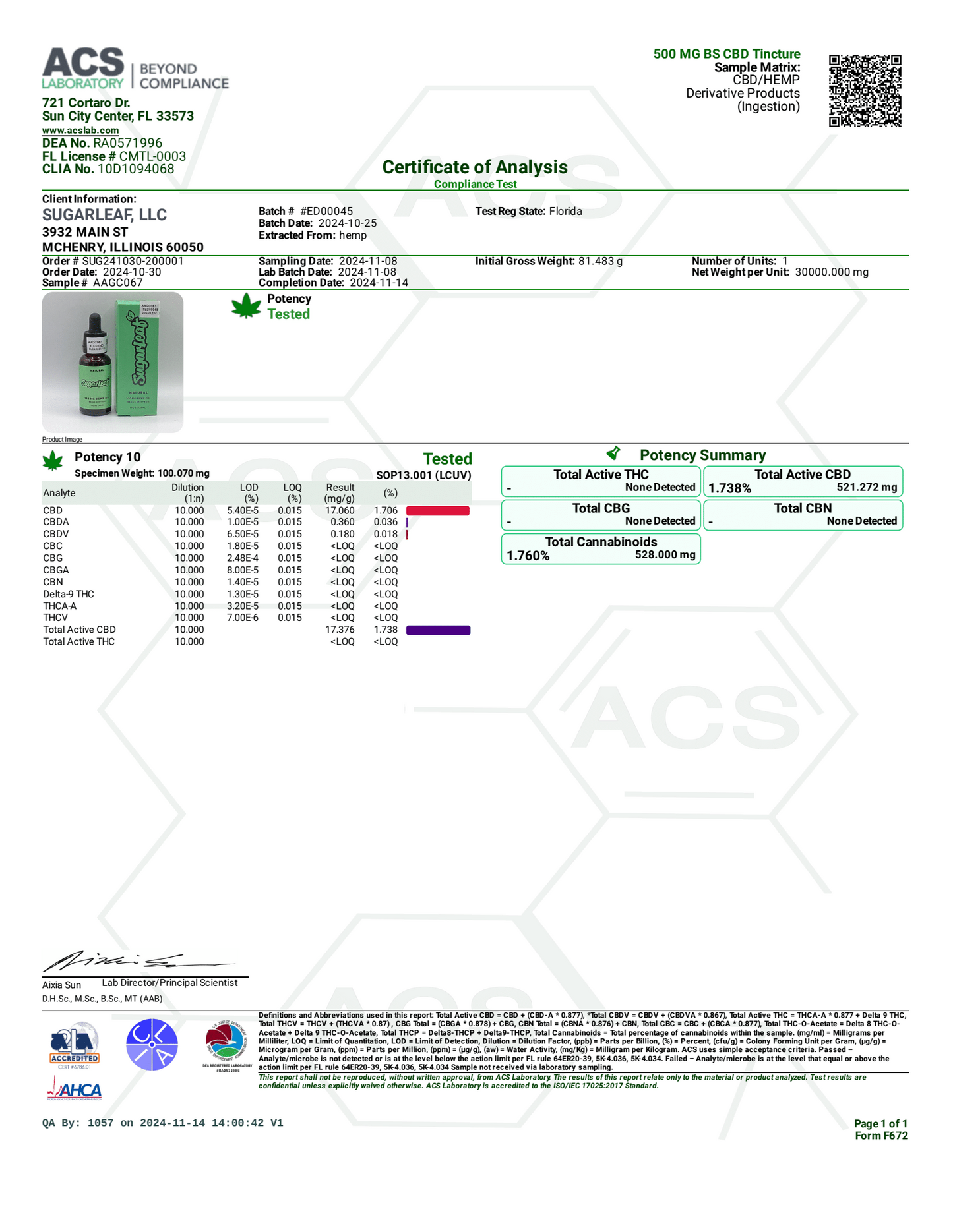 Sugarleaf Broad Spectrum CBD Tincture - Natural Flavor 500mg