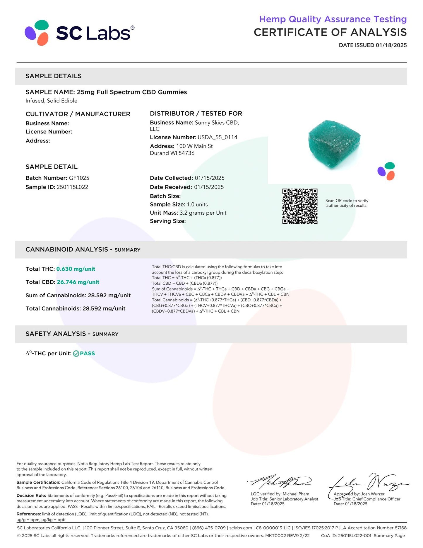 Sunny Skies 25mg Full Spectrum CBD Gummies Blue Raspberry 50ct
