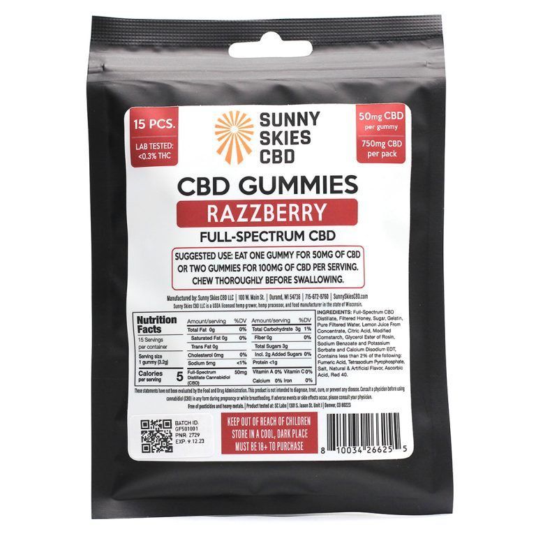 Sunny Skies 50mg Full Spectrum CBD Gummies Razzberry 15ct