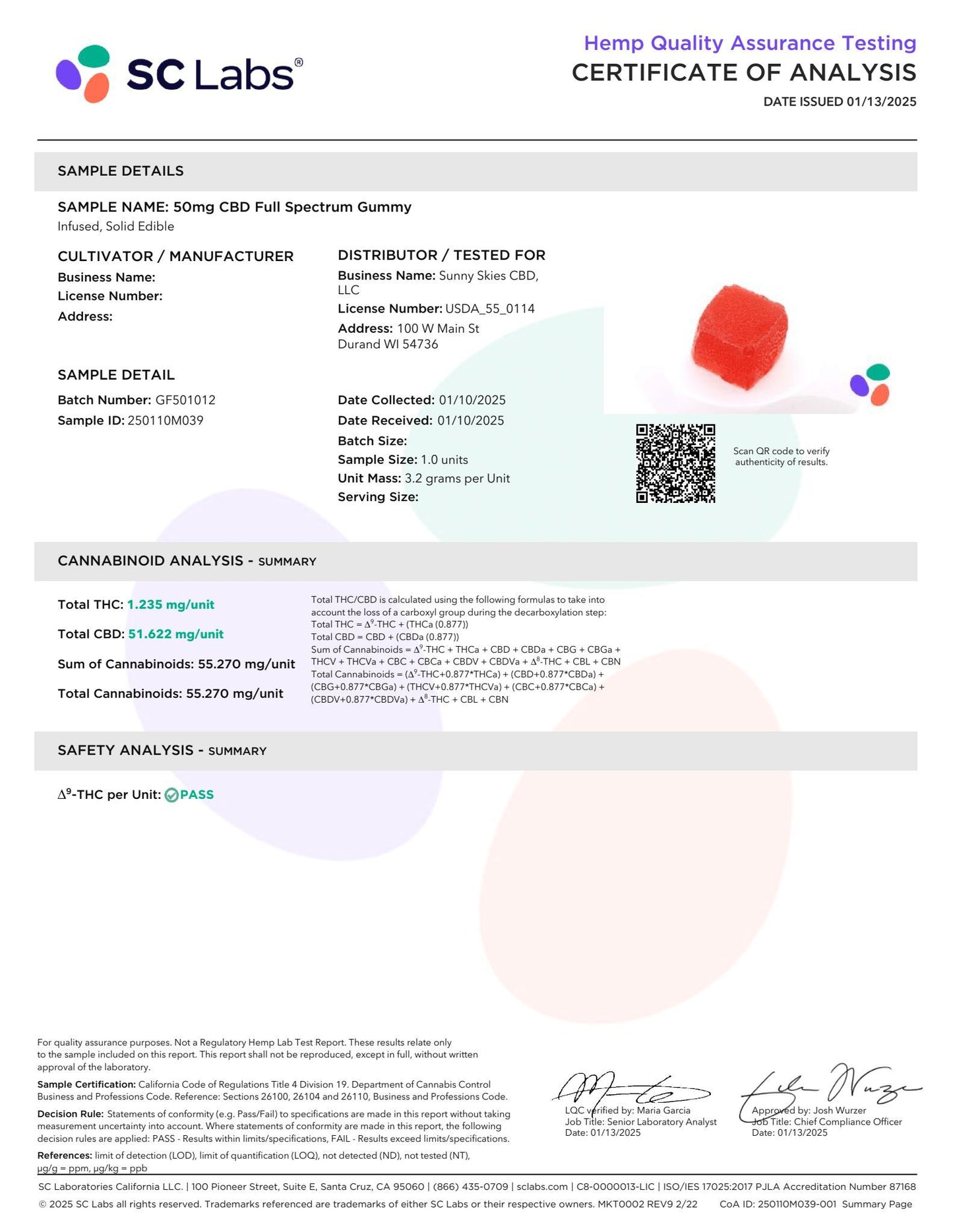 Sunny Skies 50mg Full Spectrum CBD Gummies Razzberry 50ct