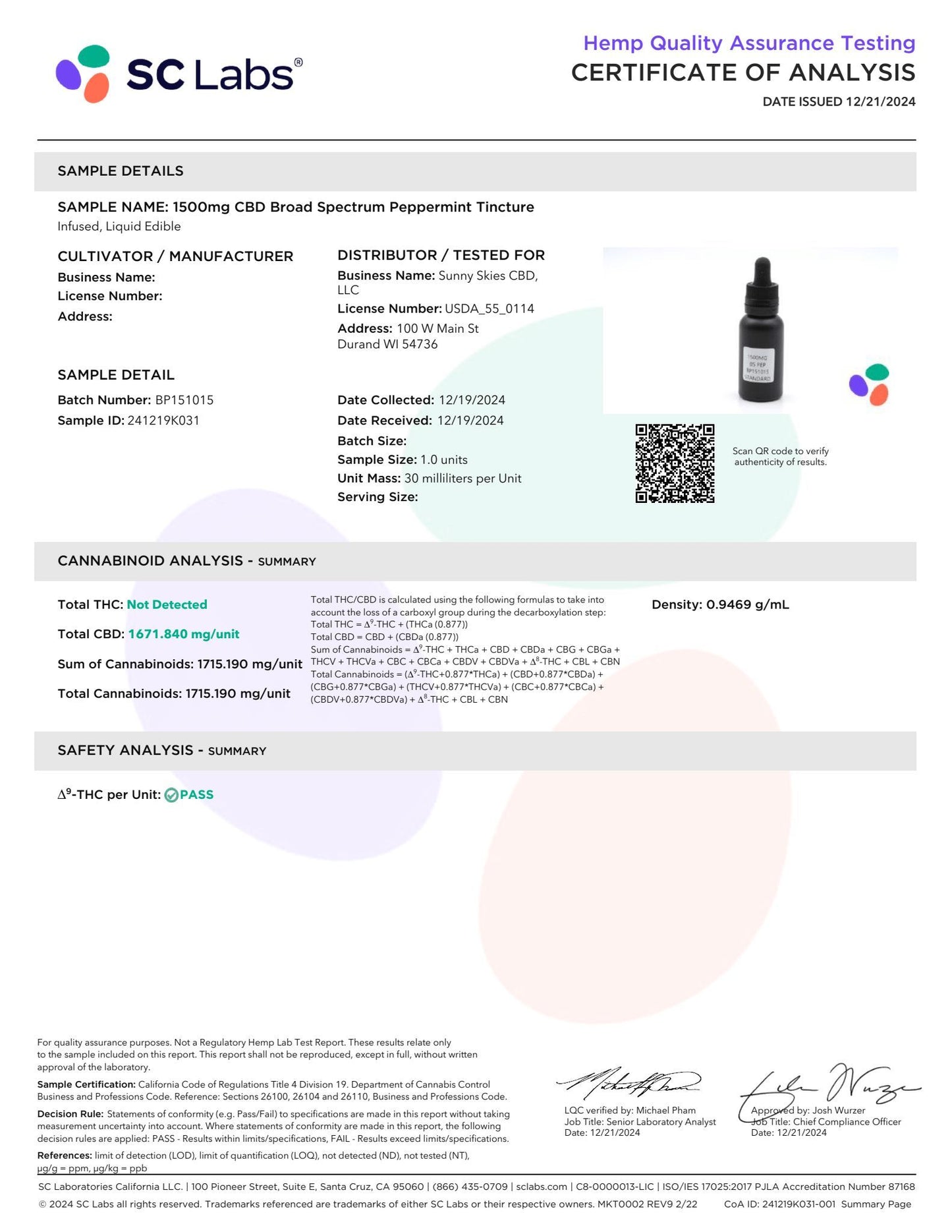 Sunny Skies Broad Spectrum CBD Tincture 1500mg Peppermint 30ml