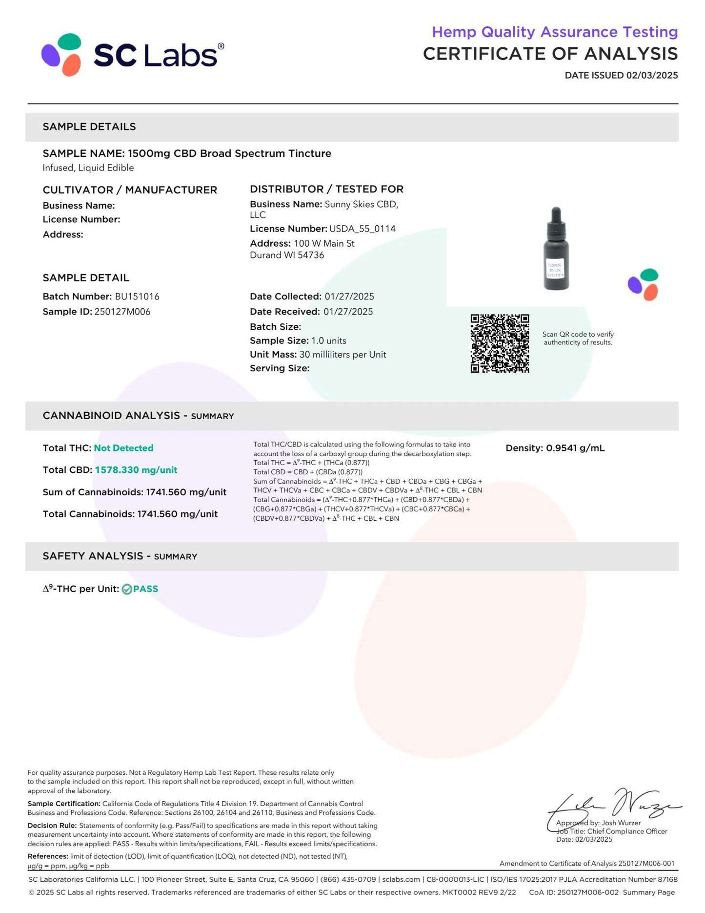 Sunny Skies Broad Spectrum 1500mg CBD Tincture Unflavored