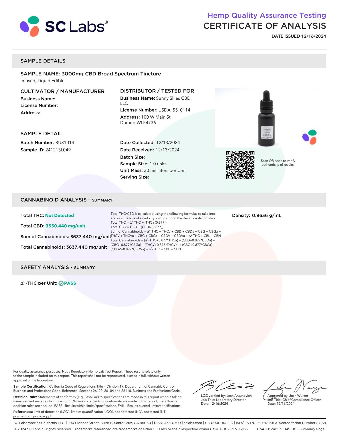 Sunny Skies Broad Spectrum 3000mg CBD Tincture Unflavored