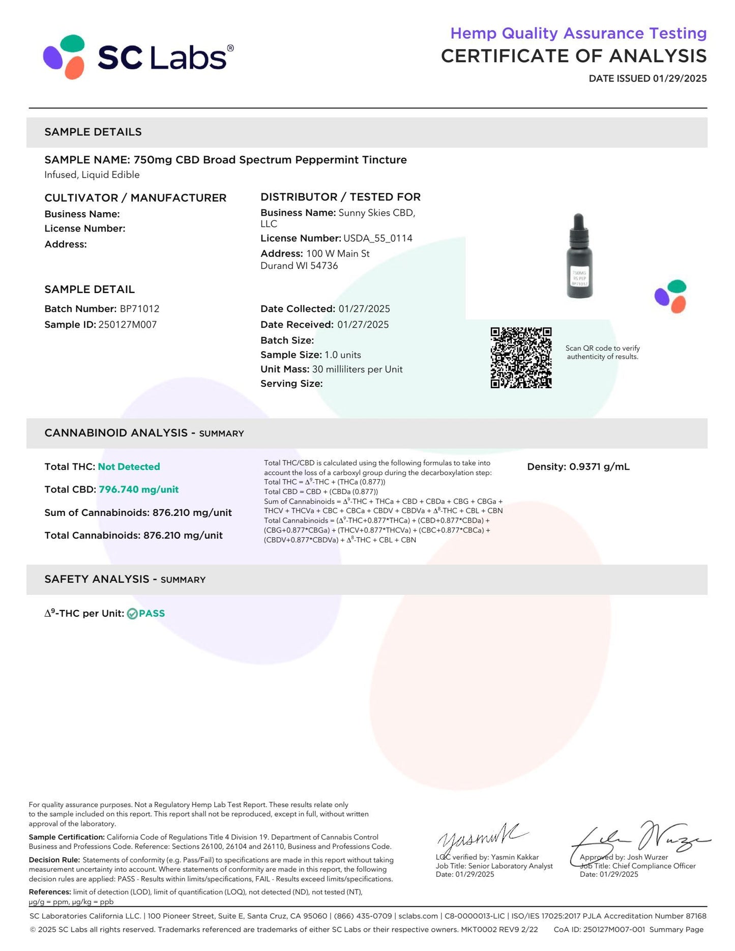 Sunny Skies Broad Spectrum CBD Tincture 750mg Peppermint 30ml