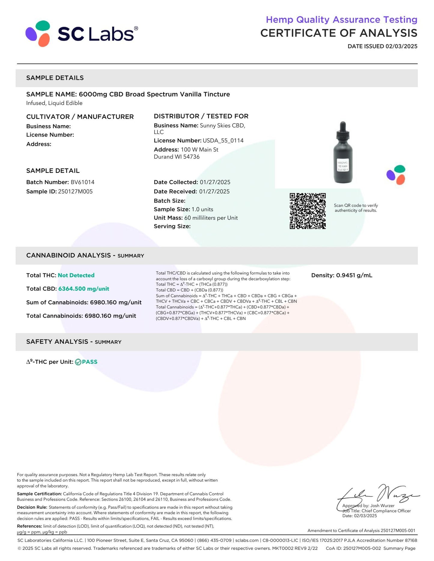 Sunny Skies Broad Spectrum 6000mg CBD Tincture Vanilla 60ml