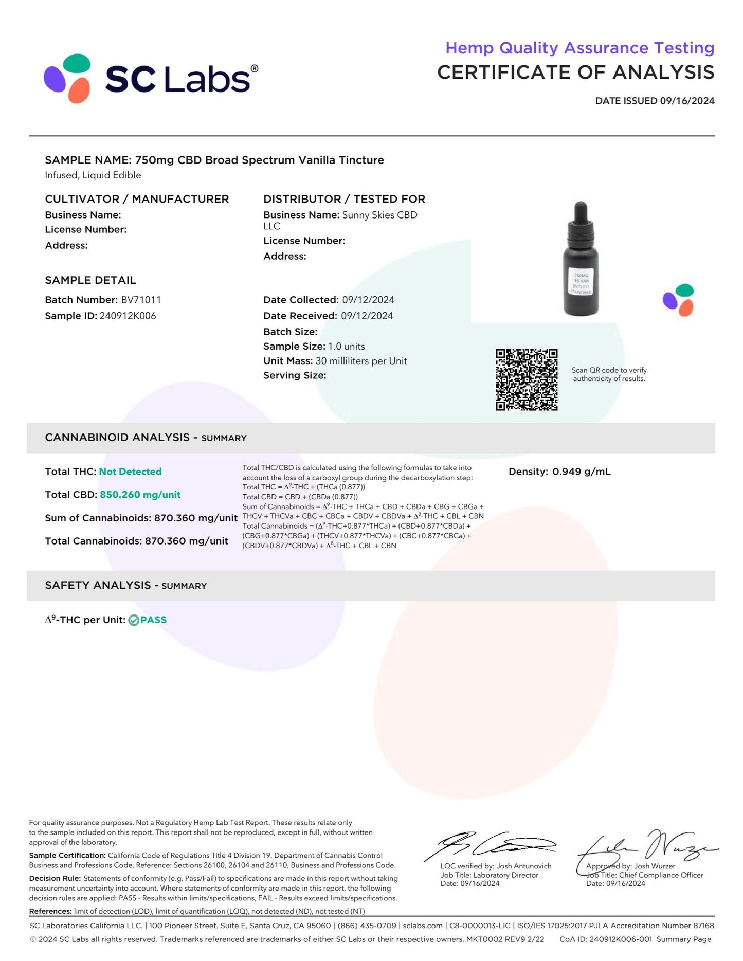 Sunny Skies Broad Spectrum 750mg CBD Tincture Vanilla