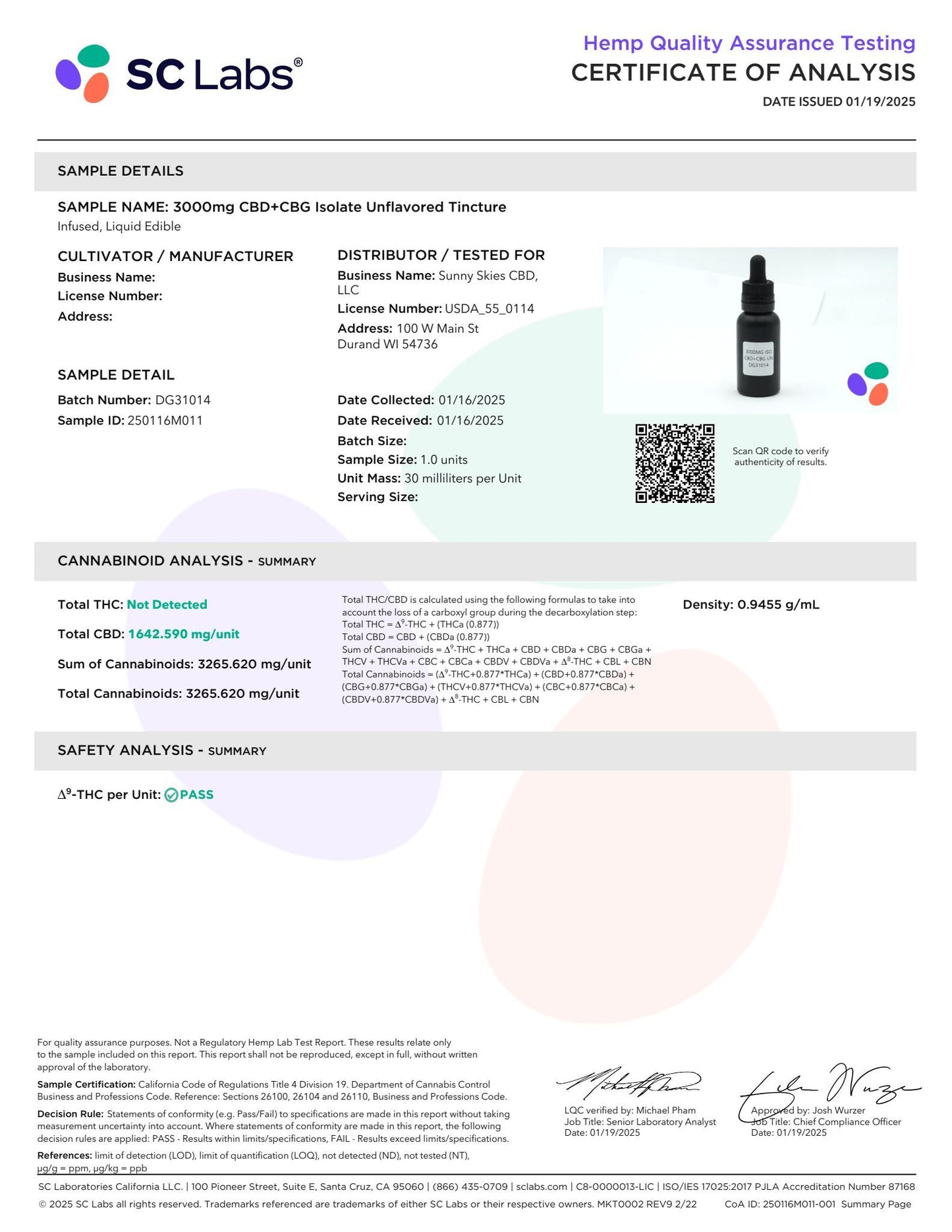 Sunny Skies CBD+CBG Isolate 3000mg Tincture Unflavored