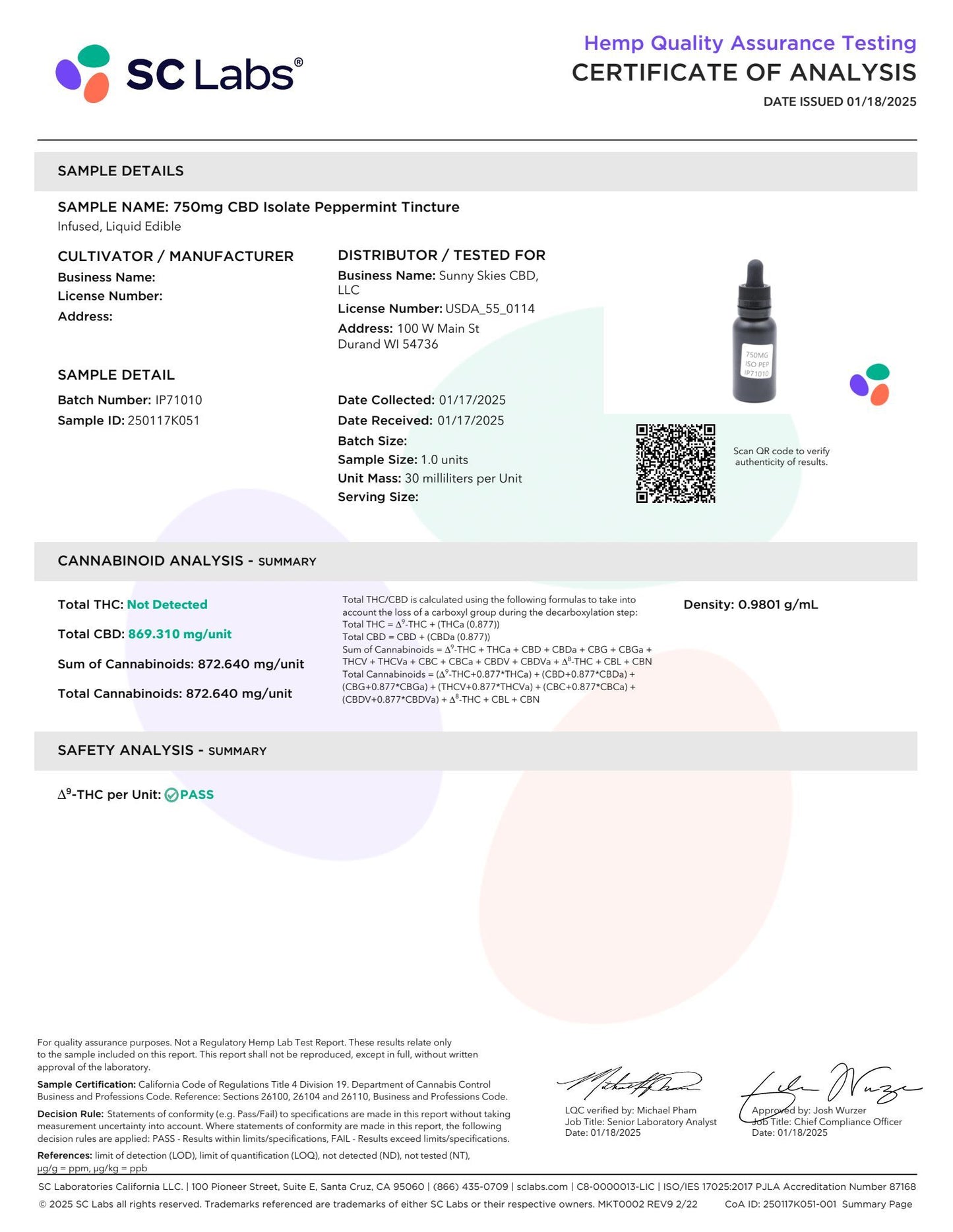 Sunny Skies 750mg CBD Isolate Tincture Peppermint