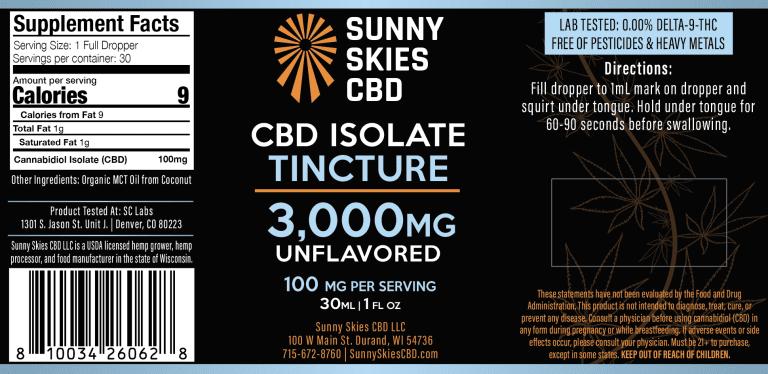 Sunny Skies 3000mg CBD Isolate Tincture Unflavored