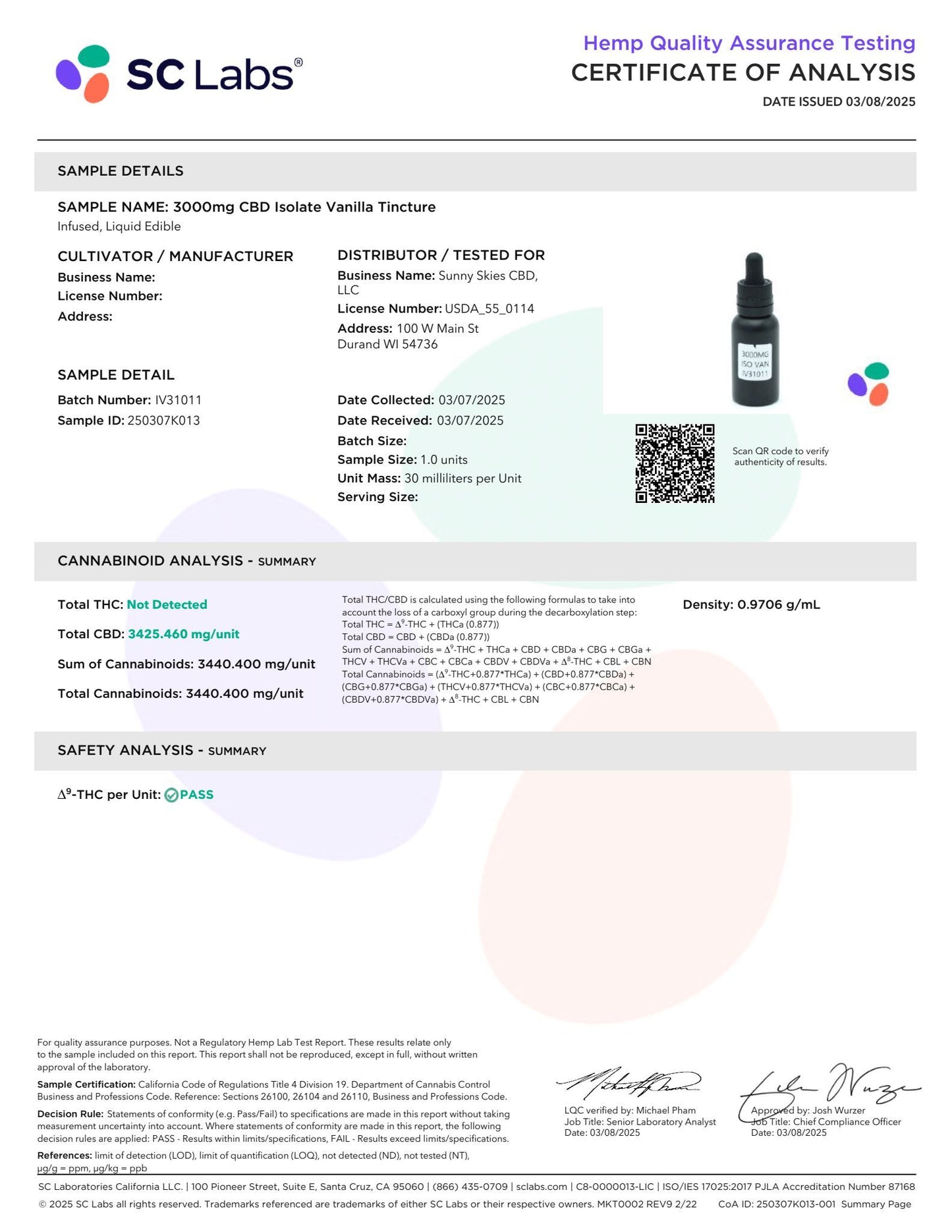 Sunny Skies 3000mg CBD Isolate Tincture Vanilla