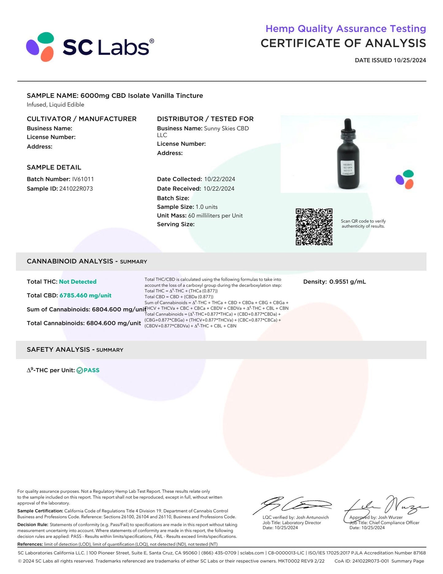 Sunny Skies 6000mg CBD Isolate Tincture Vanilla 60ml