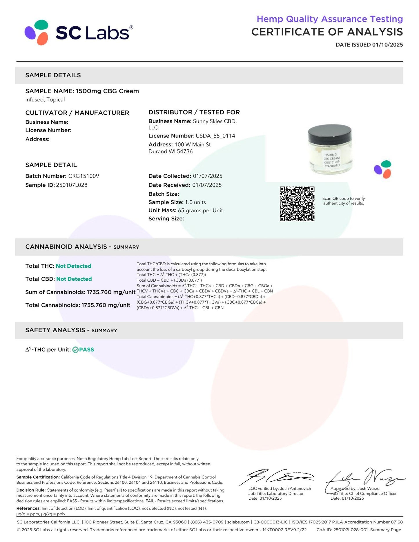 Sunny Skies CBG Cream 1500mg Recover Moisturize Soothe 2.3oz