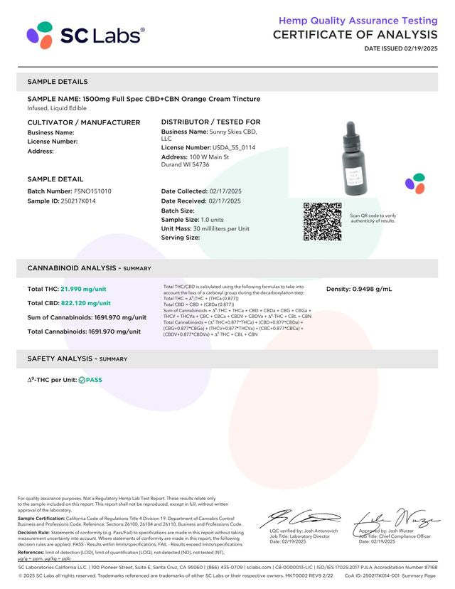 Sunny Skies Full Spectrum CBD+CBN 1500mg Tincture Orange Creamsicle