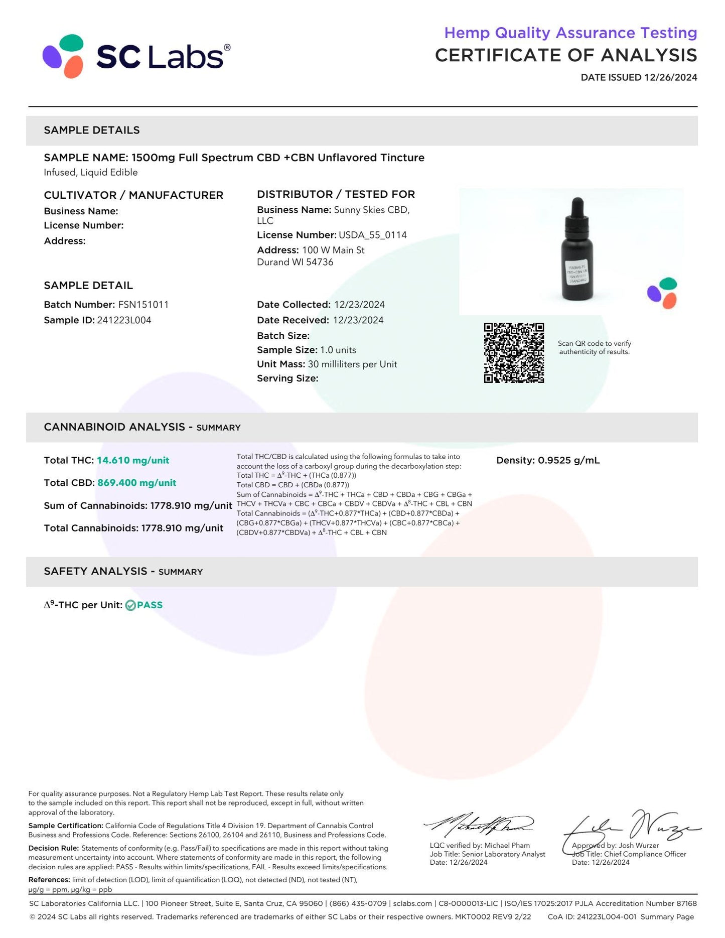Sunny Skies Full Spectrum CBD+CBN 1500mg Tincture Unflavored