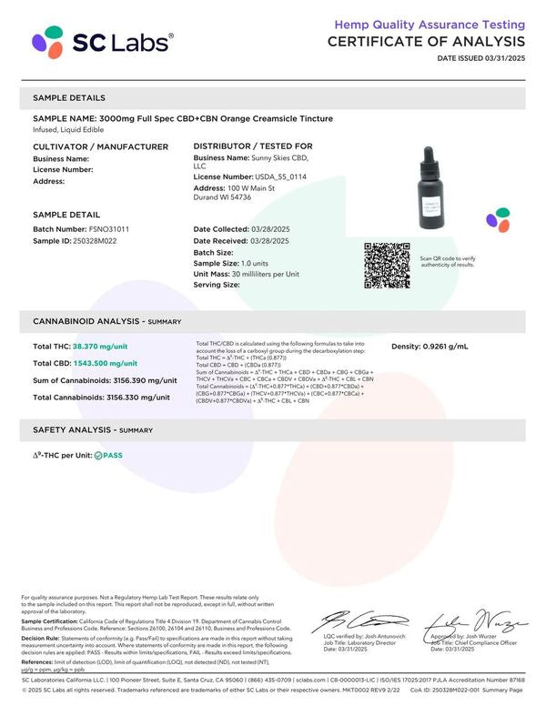 Sunny Skies Full Spectrum CBD+CBN 3000mg Tincture Orange Creamsicle