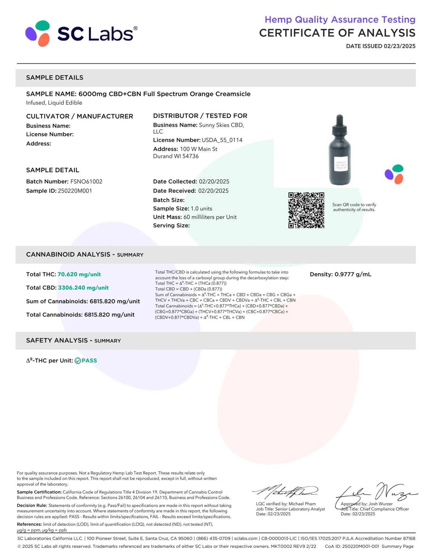 Sunny Skies Full Spectrum CBD+CBN 6000mg Tincture Orange Creamsicle 60ml