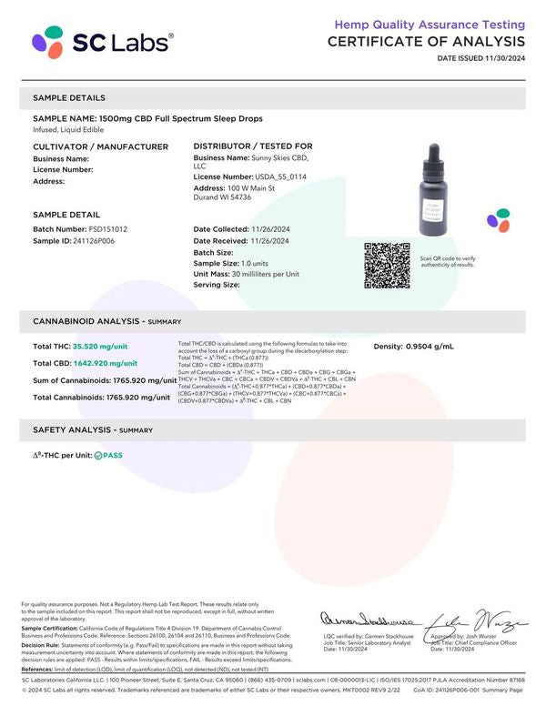 Sunny Skies Full Spectrum 1500mg CBD Sleep Drops