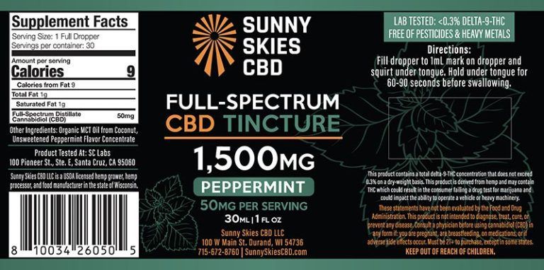 Sunny Skies Full Spectrum 1500mg CBD Tincture Peppermint
