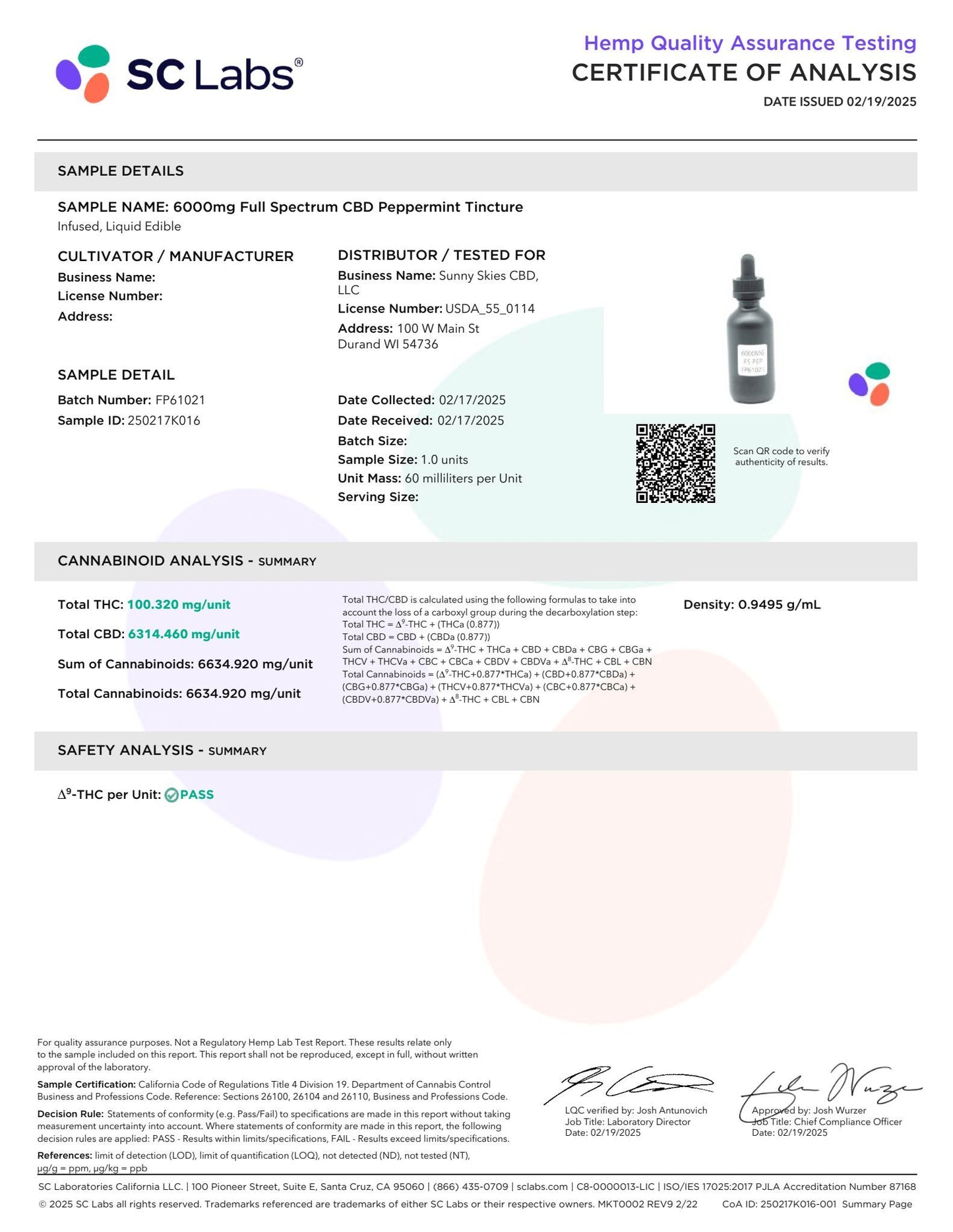 Sunny Skies Full Spectrum 6000mg CBD Tincture Peppermint 60ml