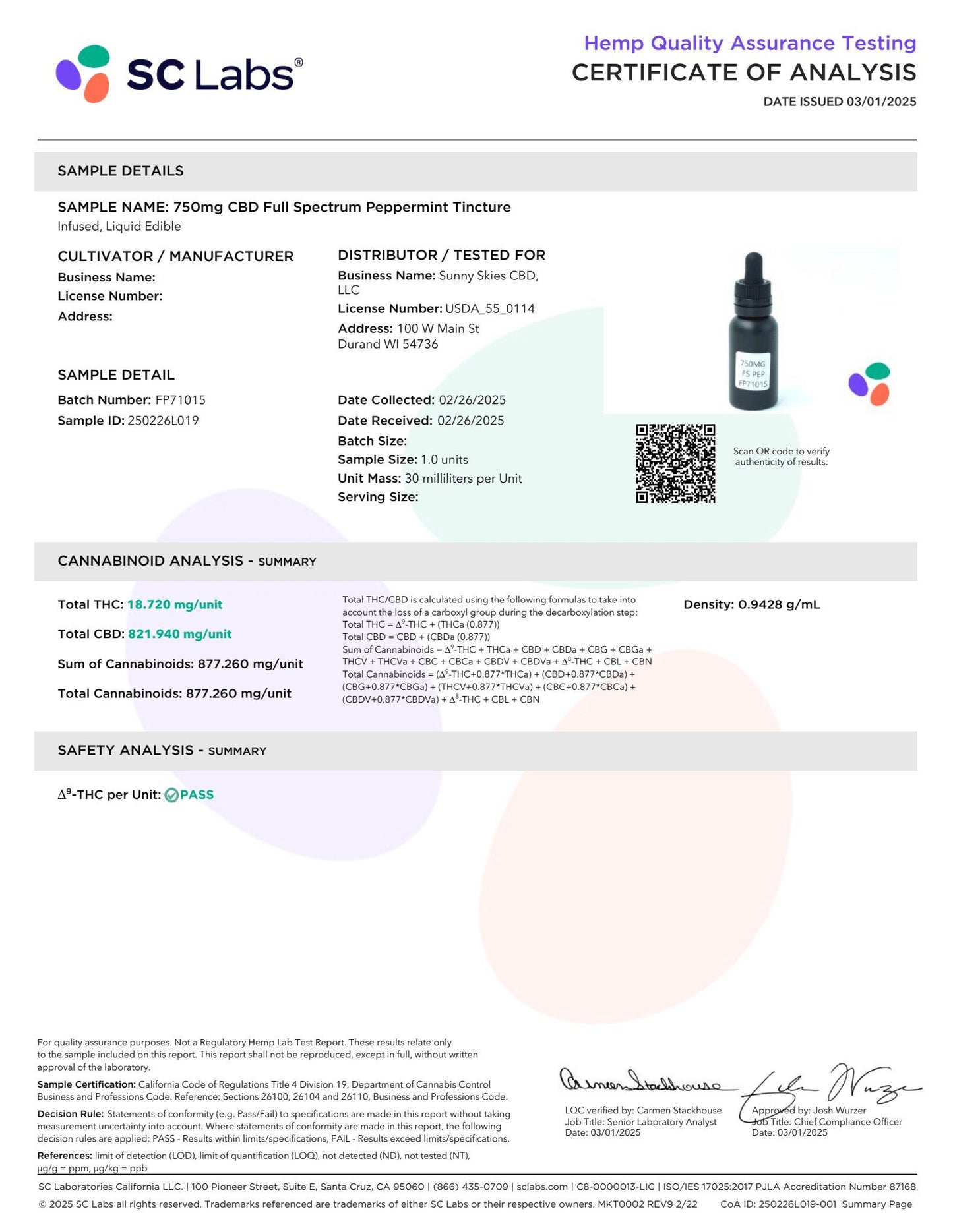 Sunny Skies Full Spectrum 750mg CBD Tincture Peppermint