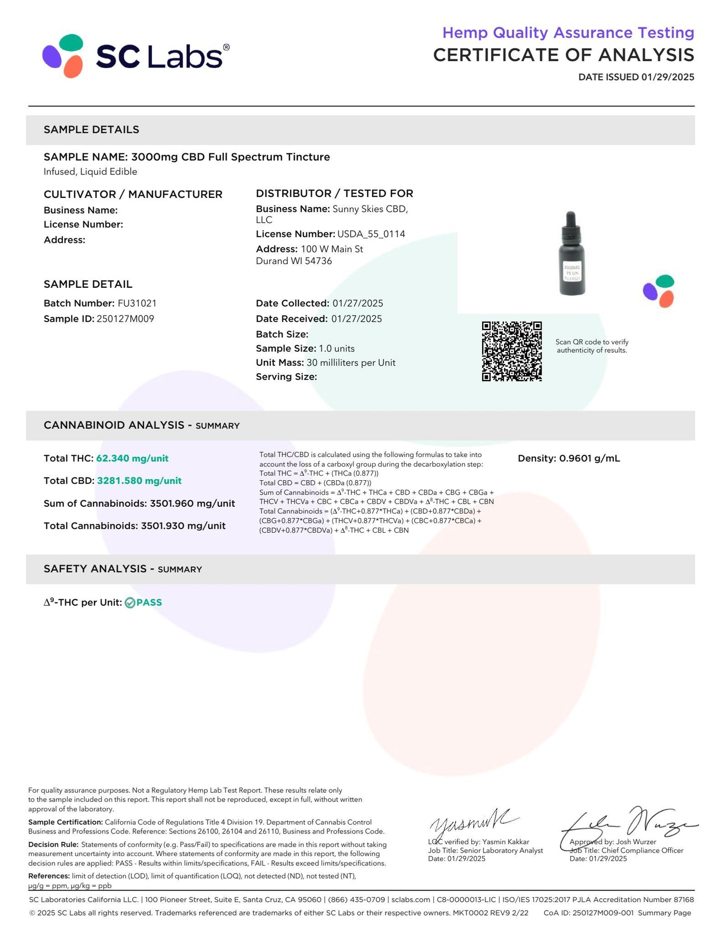 Sunny Skies Full Spectrum 3000mg CBD Tincture Unflavored