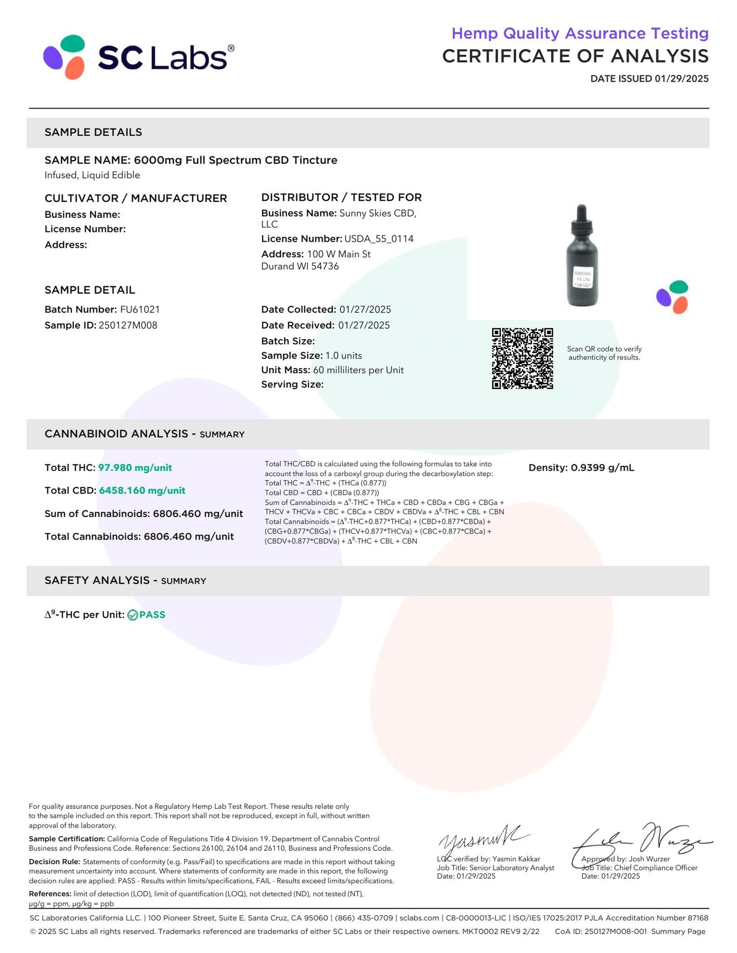 Sunny Skies Full Spectrum 6000mg CBD Tincture Unflavored 60ml