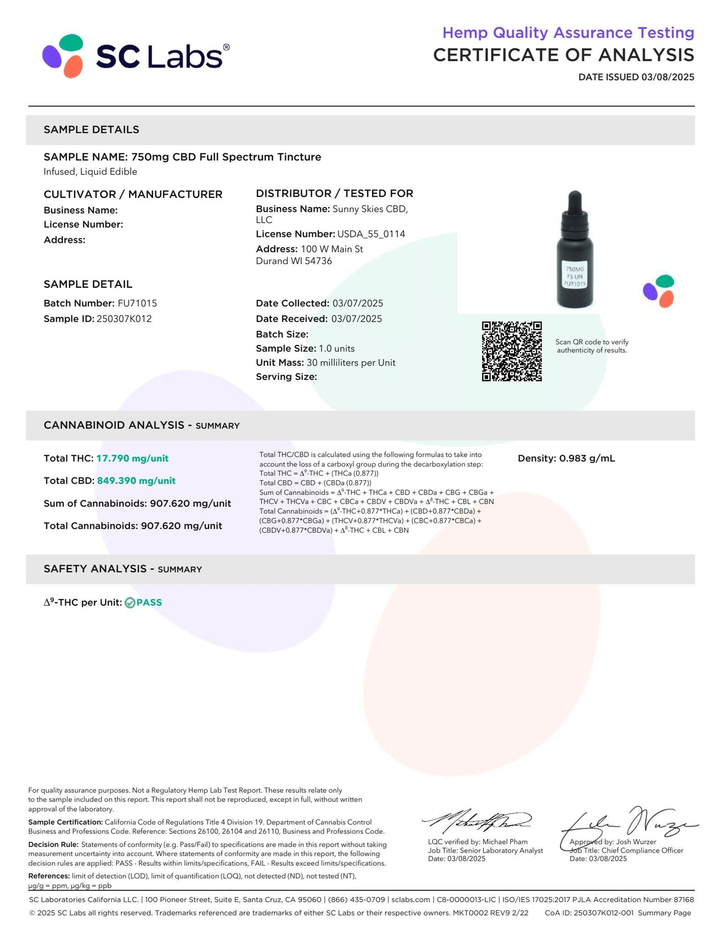 Sunny Skies Full Spectrum 750mg CBD Tincture Unflavored