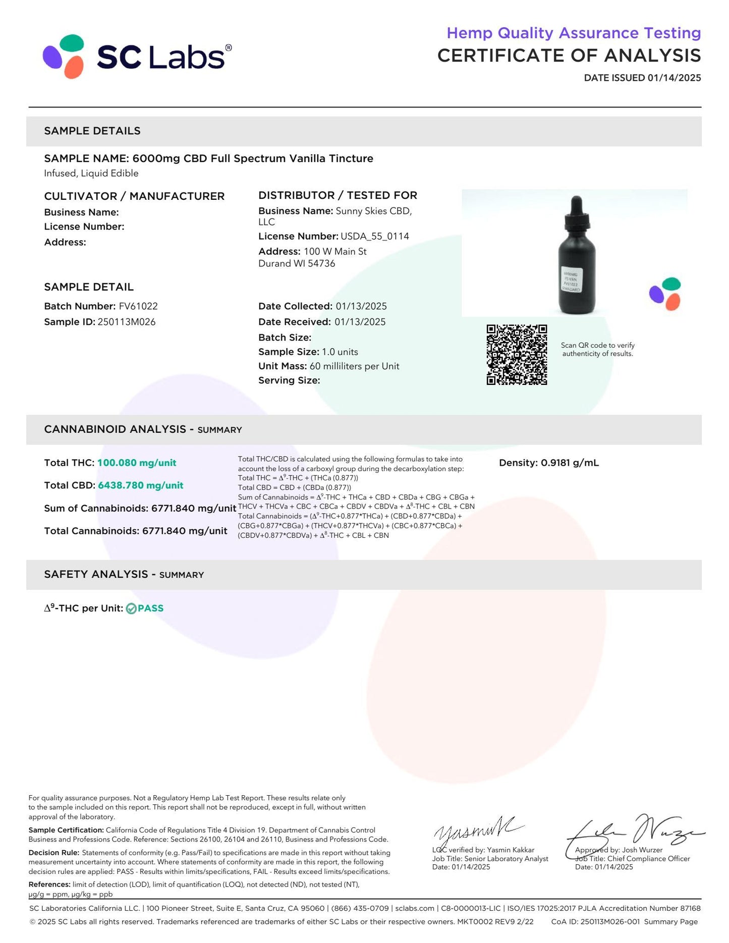 Sunny Skies Full Spectrum 6000mg CBD Tincture Vanilla 60ml