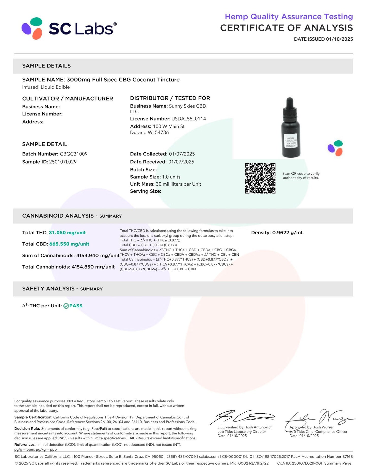 Sunny Skies Full Spectrum CBG 3000mg Tincture Coconut
