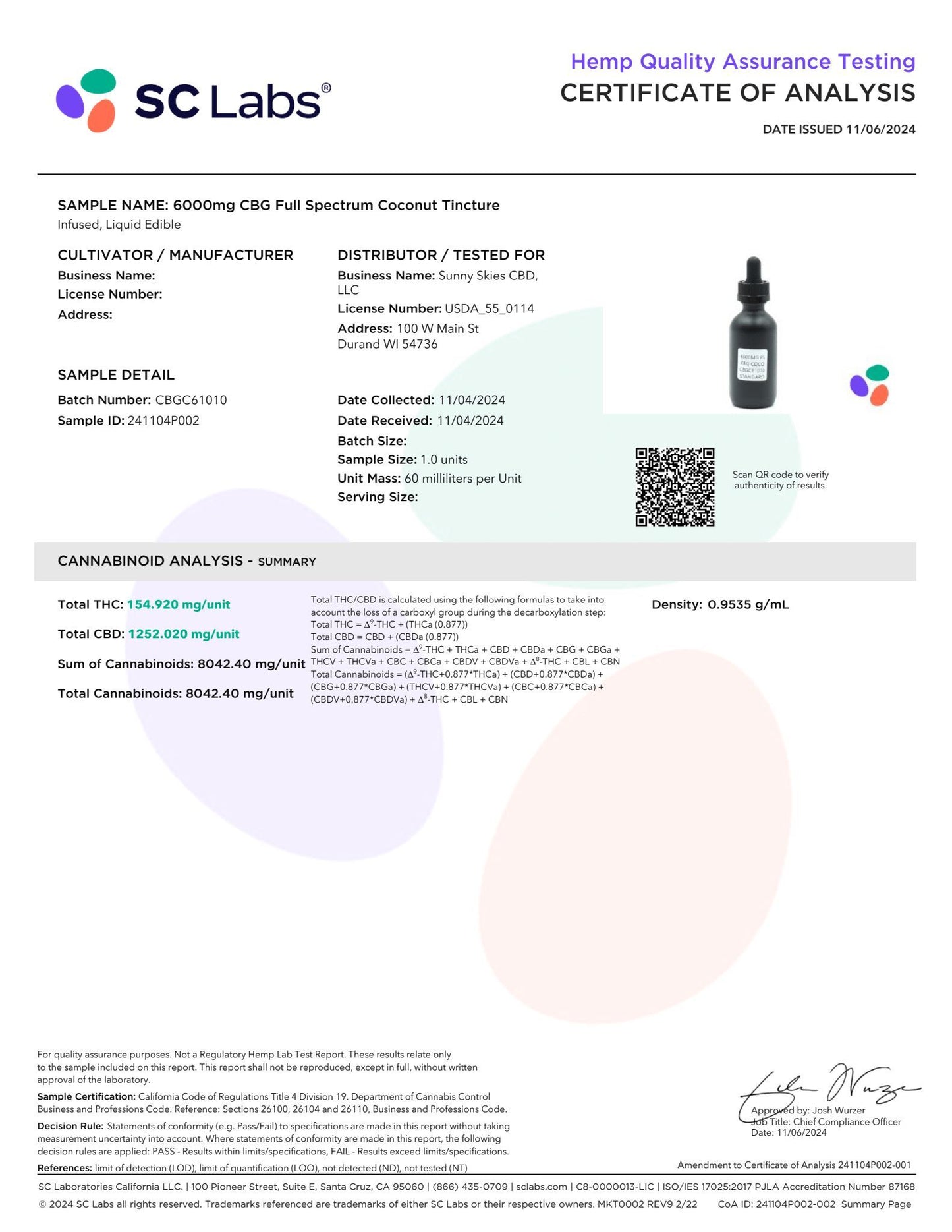 Sunny Skies Full Spectrum CBG 6000mg Tincture Coconut 60ml