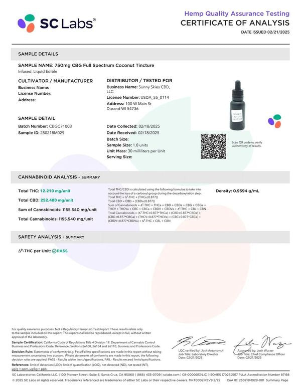Sunny Skies Full Spectrum CBG 750mg Tincture Coconut