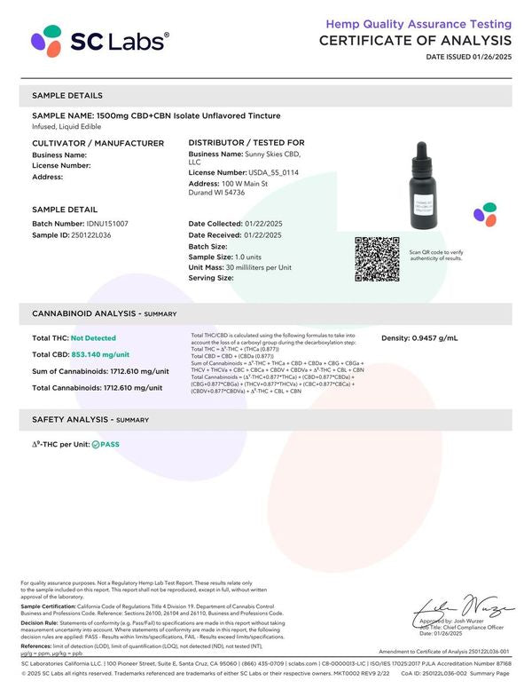 Sunny Skies Isolate CBD+CBN 1500mg Tincture Unflavored