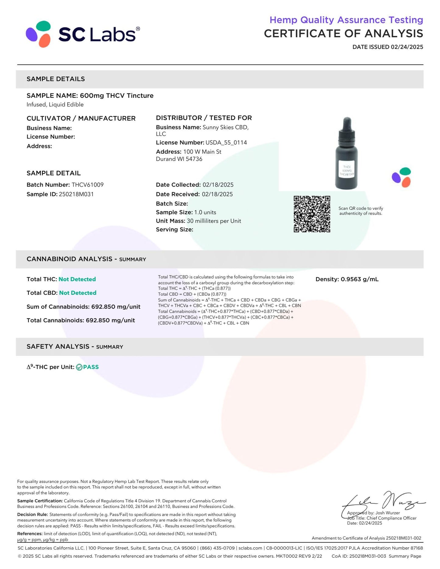 Sunny Skies THCV 600mg Tincture Unflavored 30ml