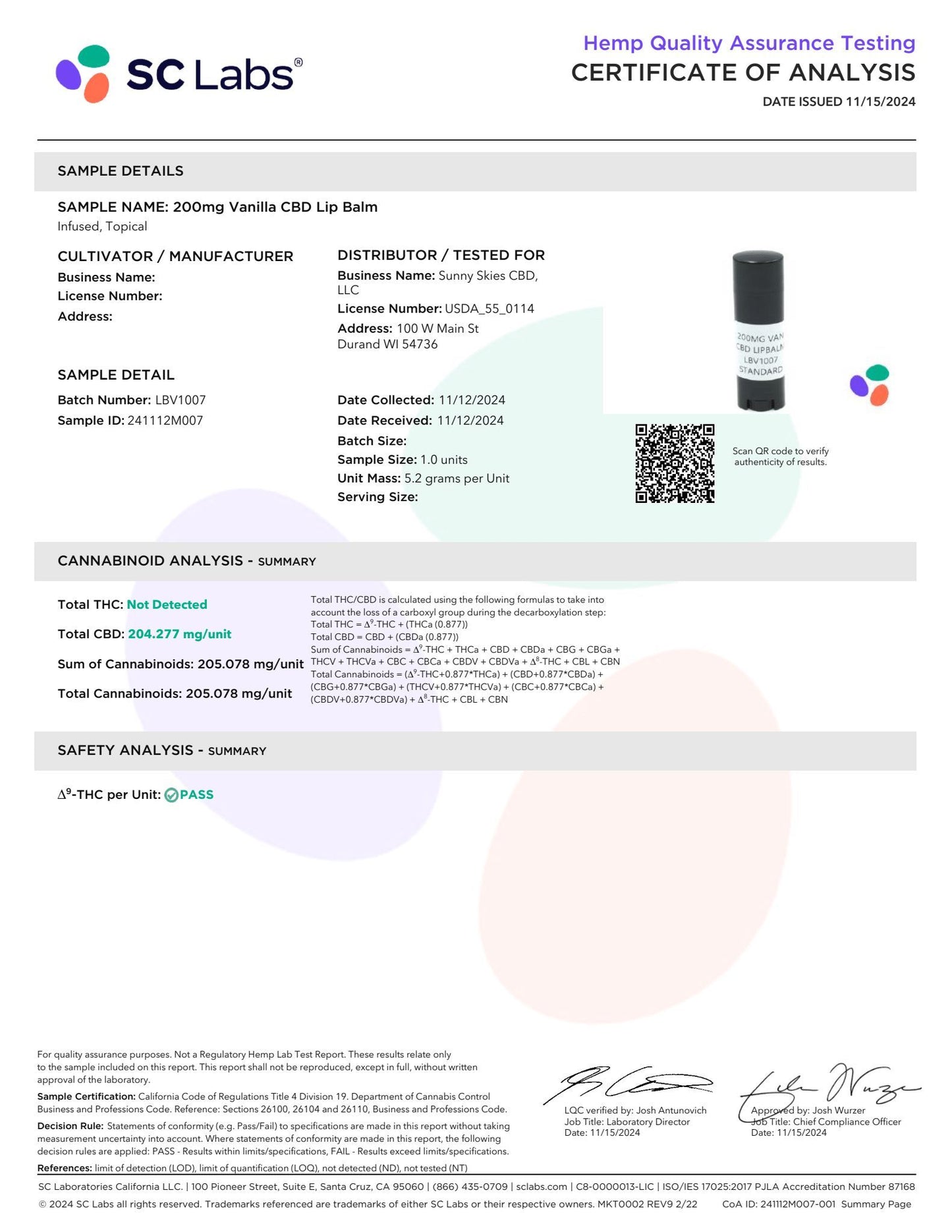 Sunny Skies CBD Lip Balm Vanilla 200mg