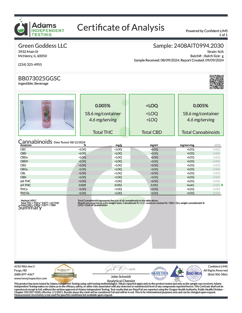 Green Goddess Cannabis Infused Delta 9 Sparkling Beverage 4pk Strawberry Coconut