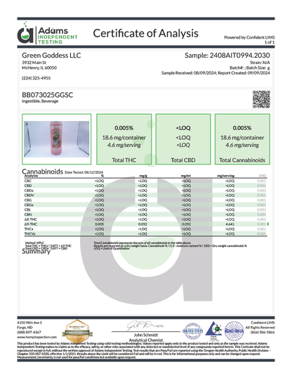 Green Goddess Cannabis Infused Delta 9 Sparkling Beverage 4pk Strawberry Coconut