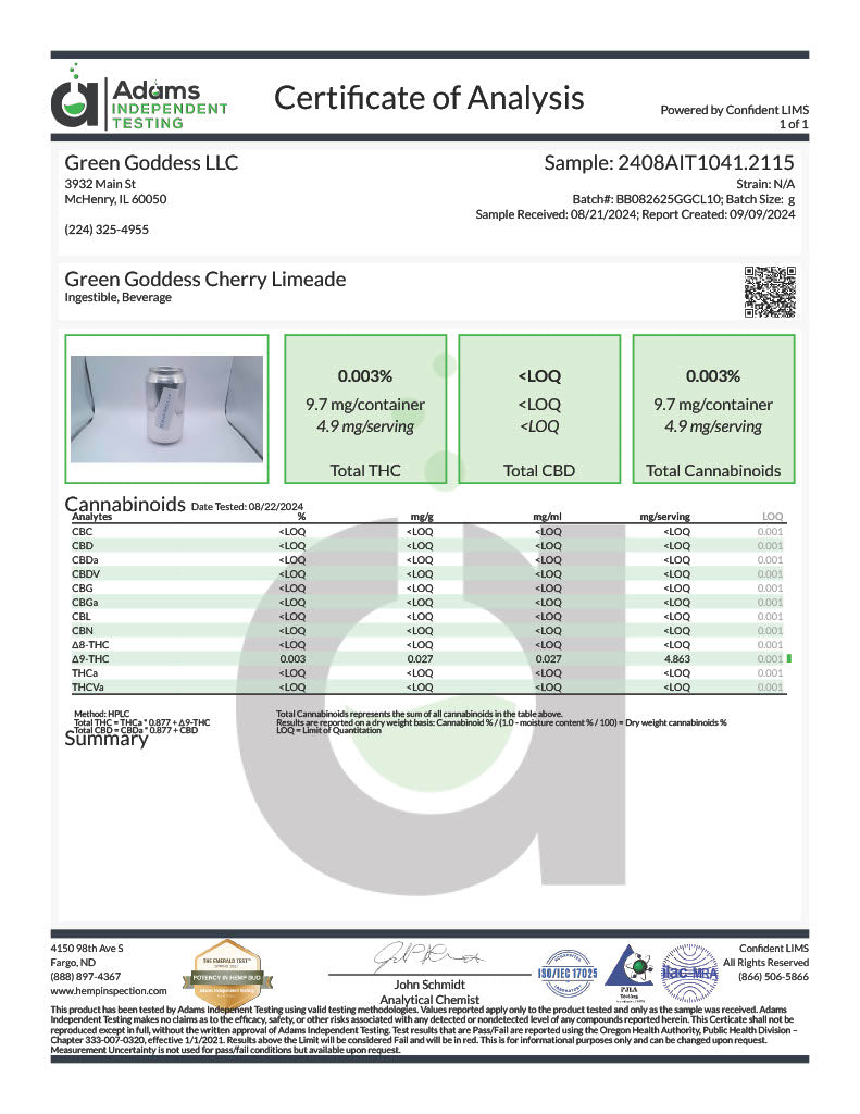 Green Goddess 10 MG Nano Delta-9 THC Zero Sugar Beverage | Cherry Limeade