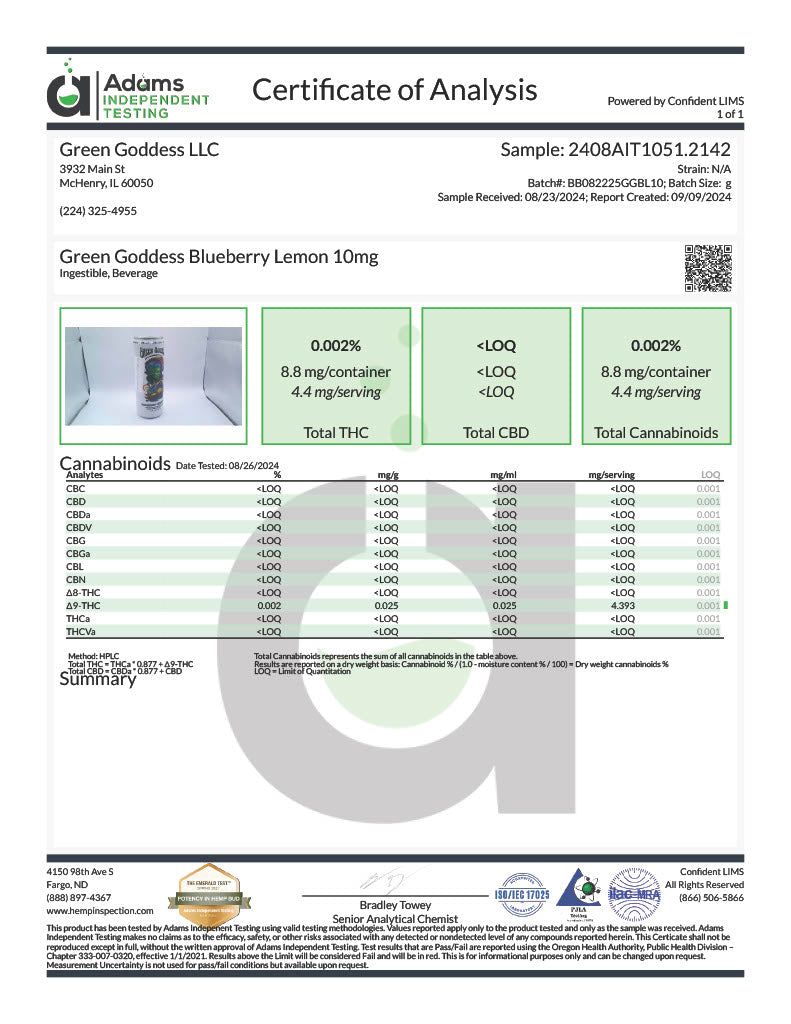 Green Goddess 10 MG Nano Delta-9 THC Zero Sugar Beverage | Blueberry Lemonade