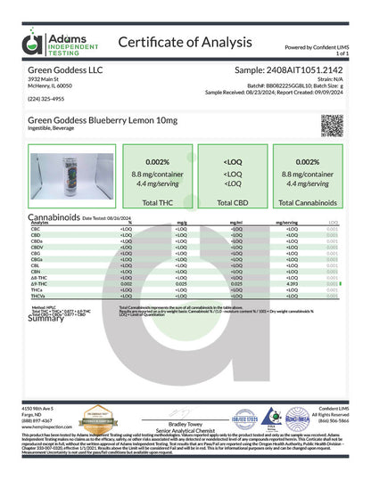 Green Goddess 10 MG Nano Delta-9 THC Zero Sugar Beverage | Blueberry Lemonade