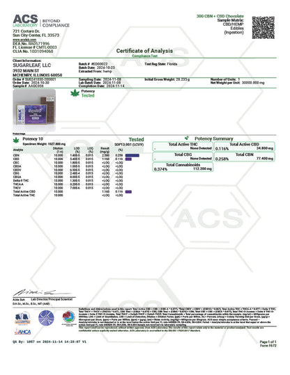 Sugarleaf 300 MG CBN/CBD Chocolate Bar | Milk Chocolate