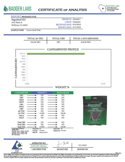 Sugarleaf 100 MG Delta 9 THC Cereal Crisp Treat Cocoa Flavor